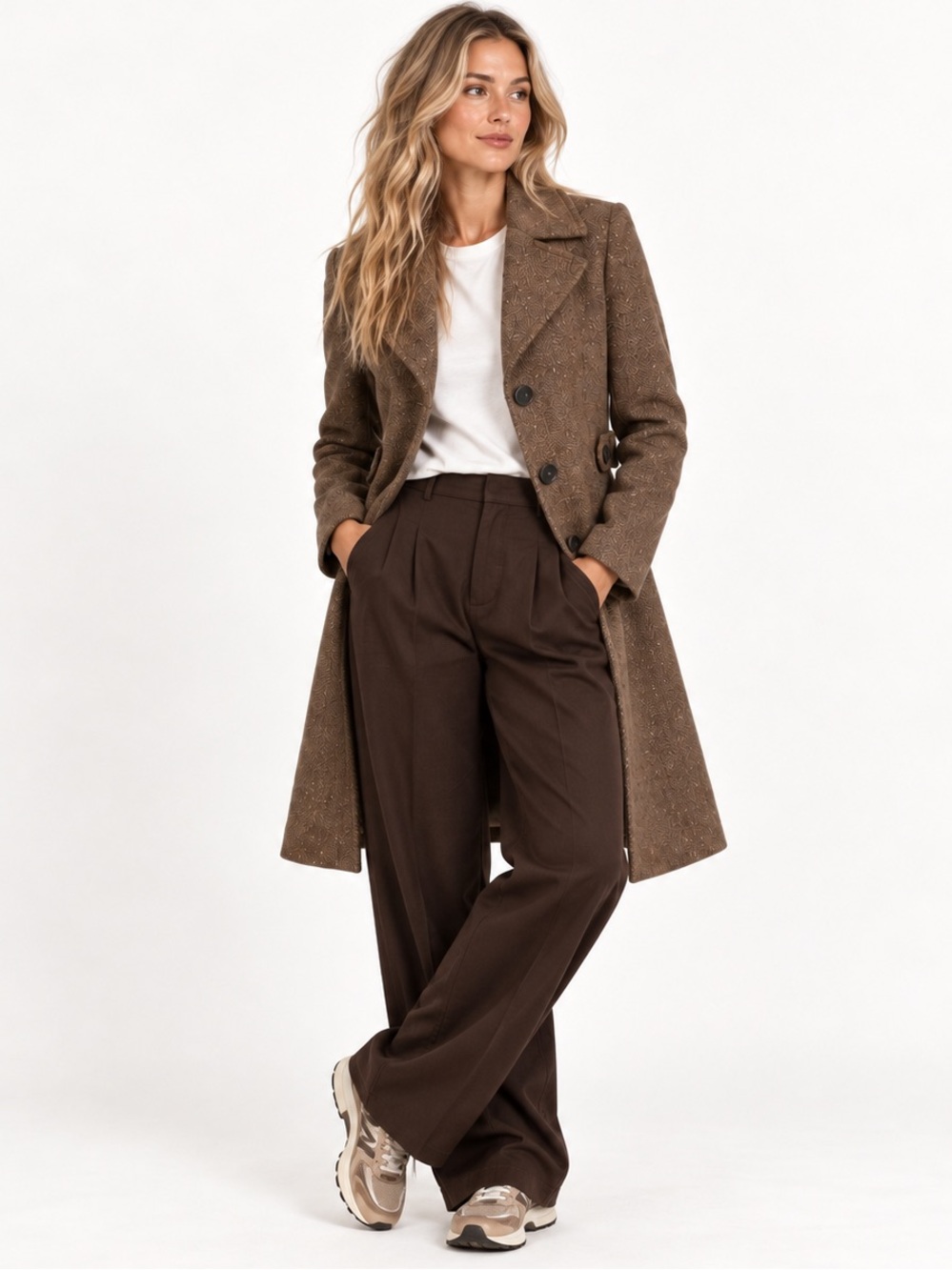 Larry Levine Brown Wool Blend Tweed Long Coat Button Tab Waist Heritage Size 4